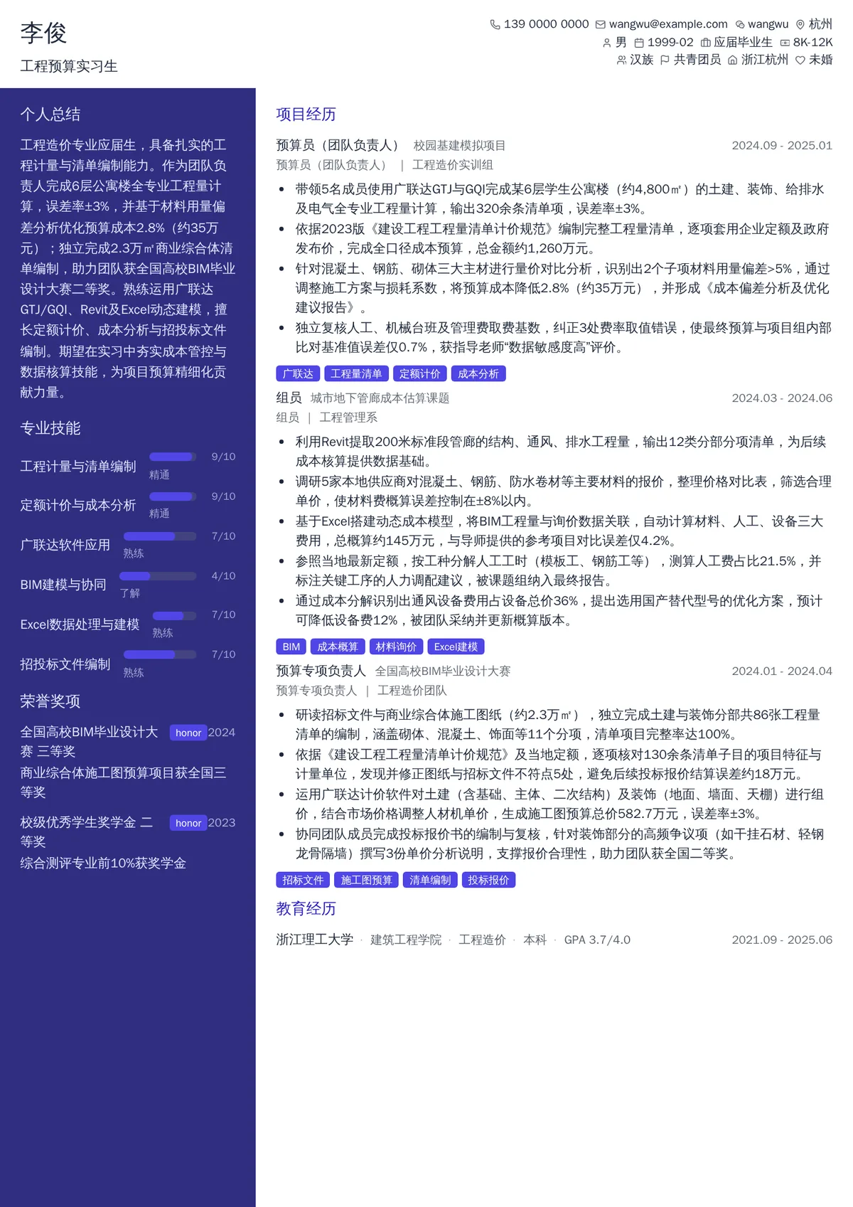 2026年最新工程预算实习生简历模板