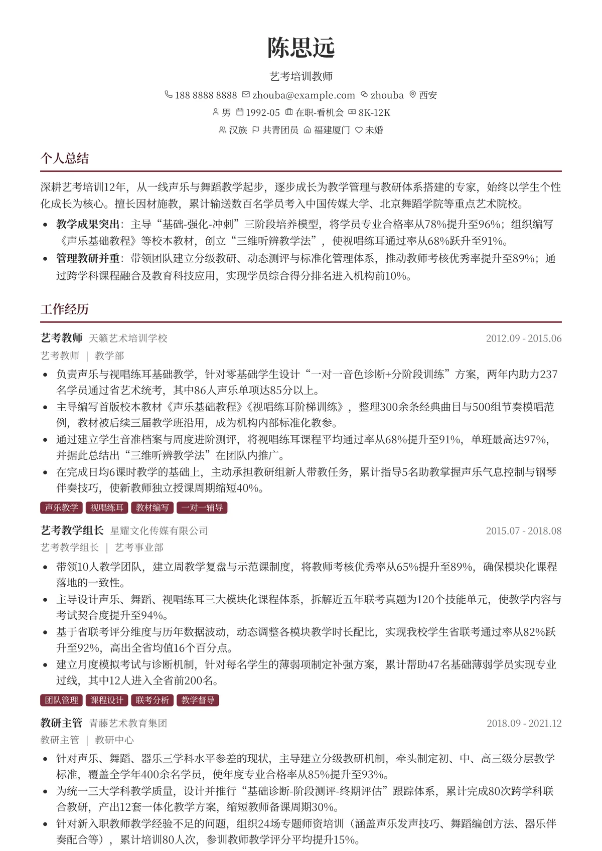 2026年最新艺考培训教师简历模板