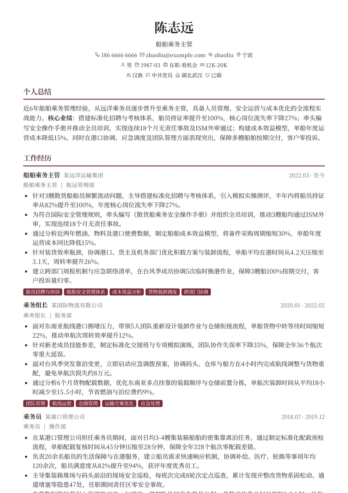 2026年最新资深船舶乘务主管简历模板