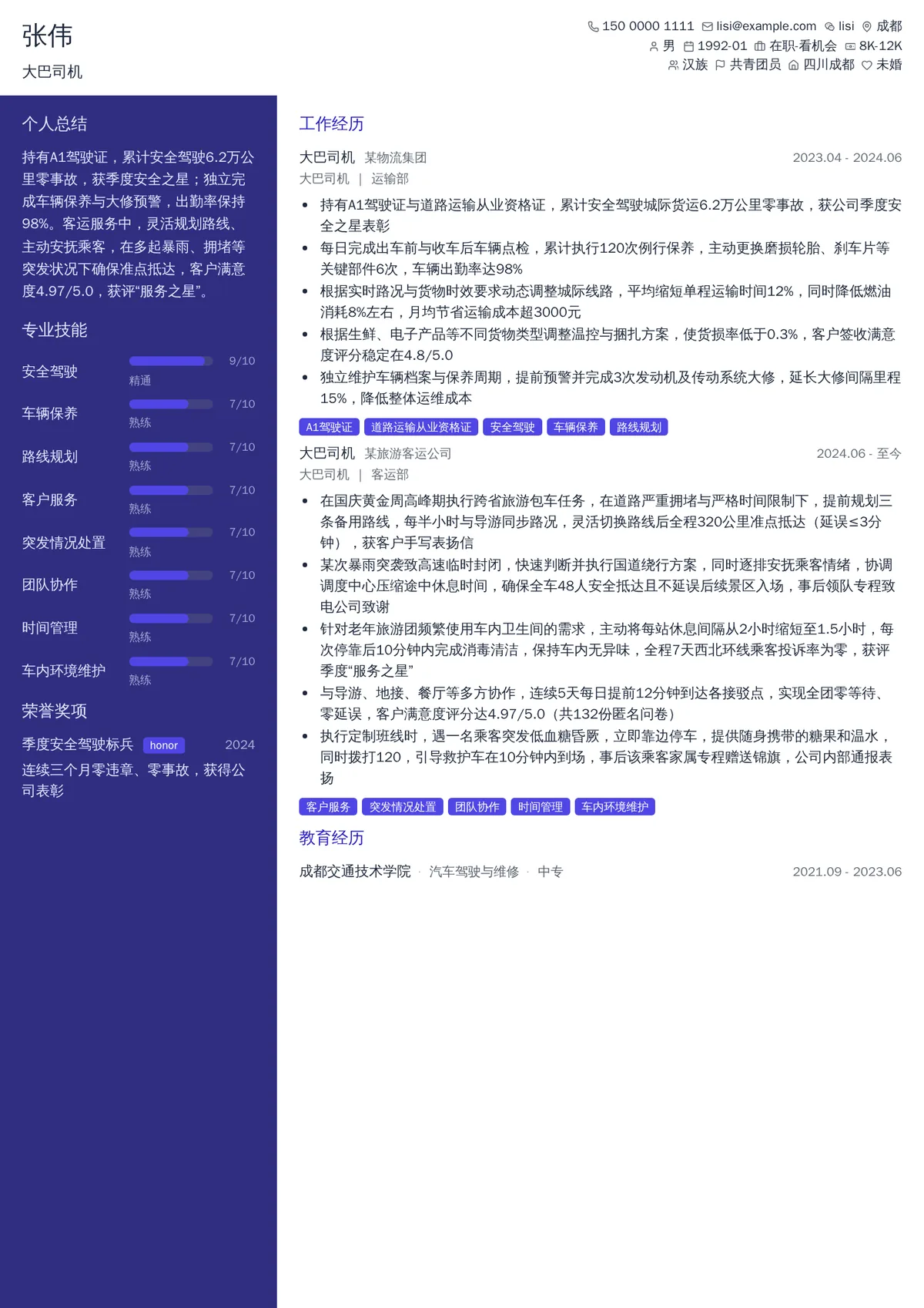 2026年最新大巴司机简历模板