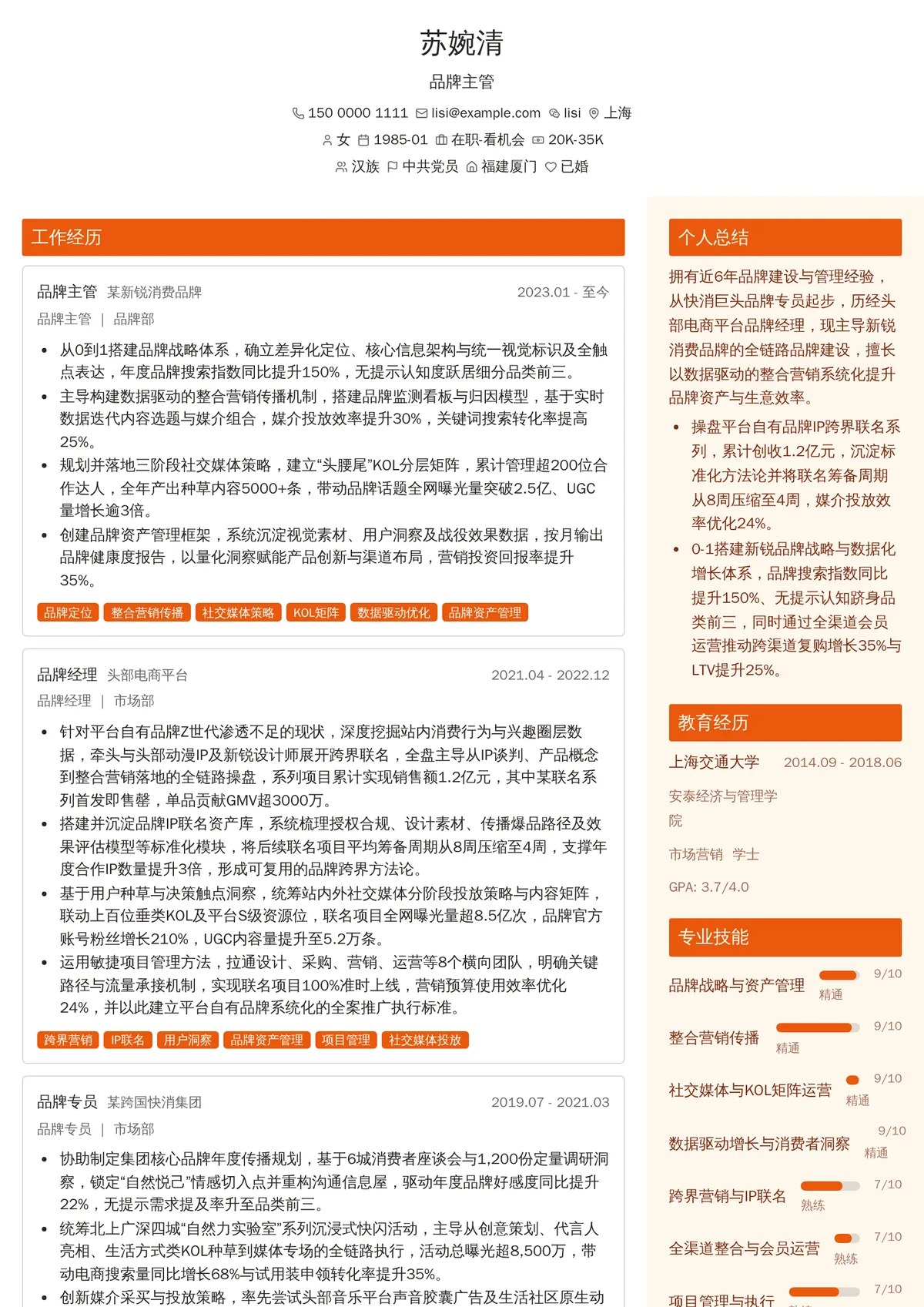 2026年最新资深品牌主管简历模板