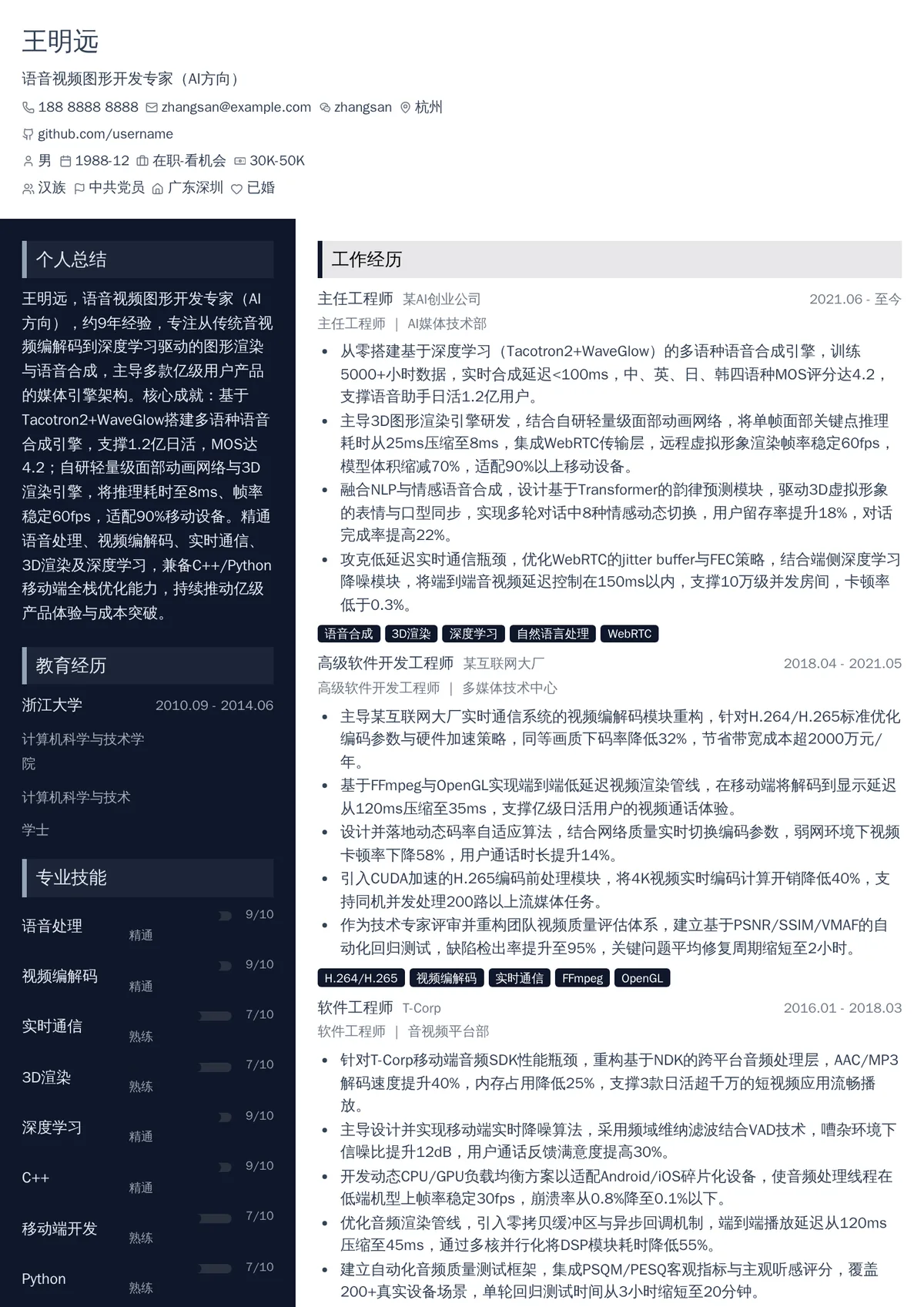 2026年最新语音视频图形开发专家（AI方向）简历模板