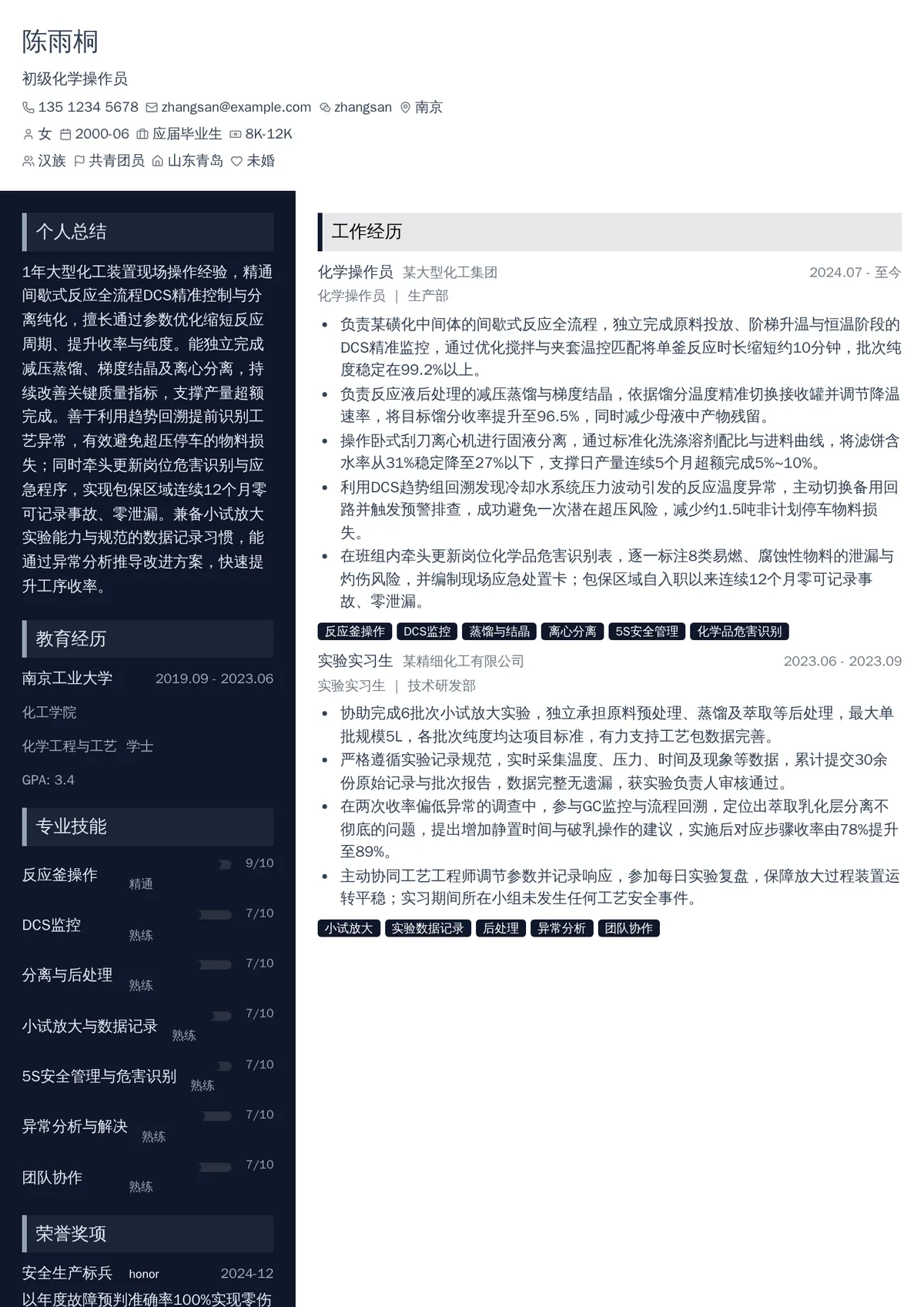 2026年最新初级化学操作员简历模板