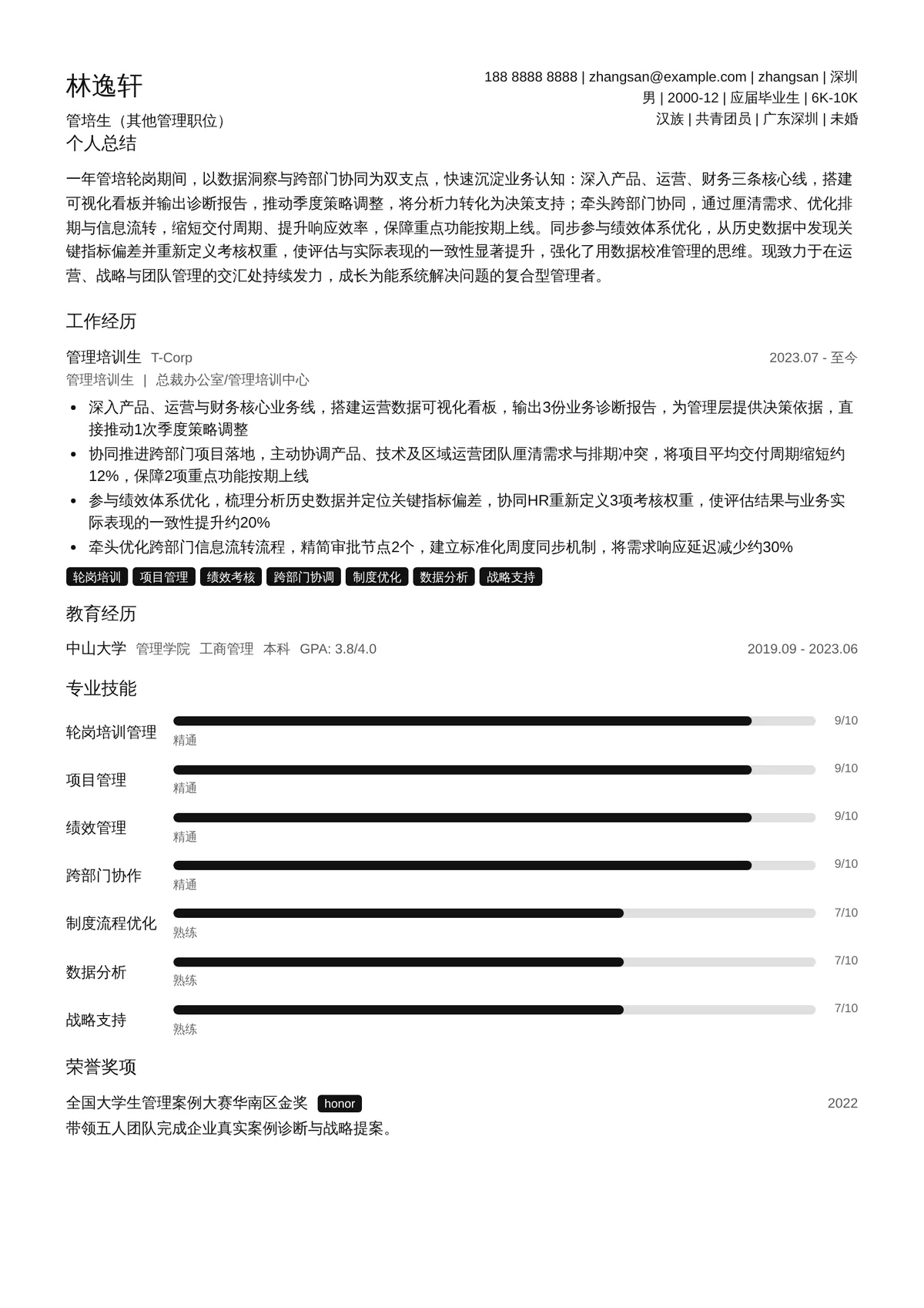 2026年最新初级管培生（其他管理职位）简历模板