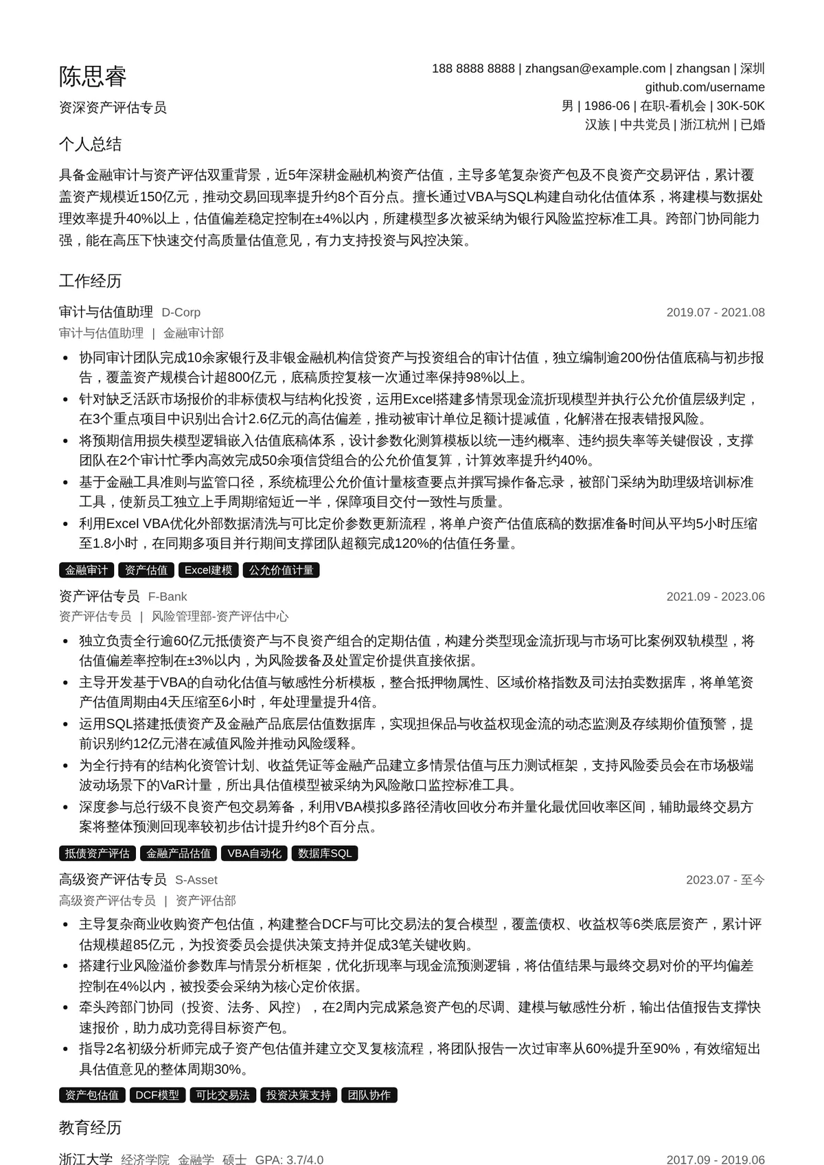 2026年最新资深资产评估专员简历模板