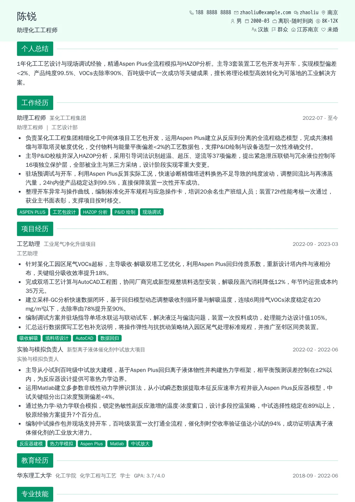 2026年最新助理化工工程师简历模板