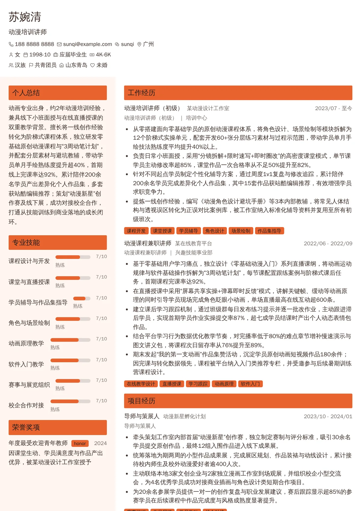 2026年最新初级动漫培训讲师简历模板
