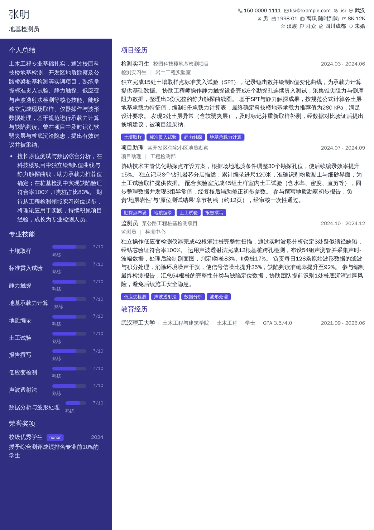2026年最新实习地基检测员简历模板