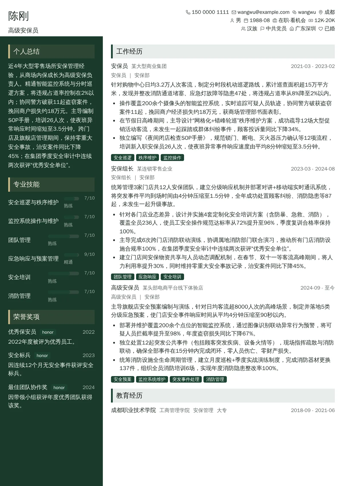2026年最新高级安保员简历模板