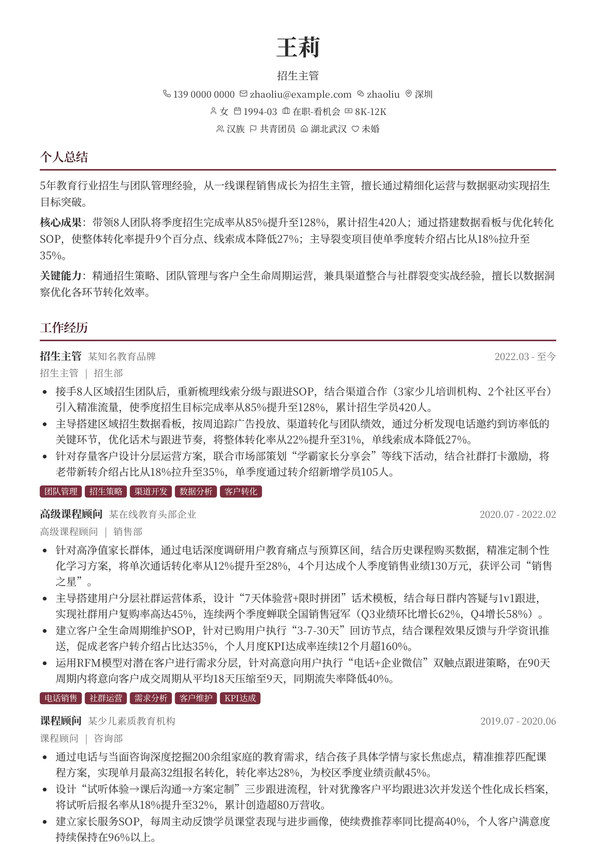 2026年最新招生主管简历模板