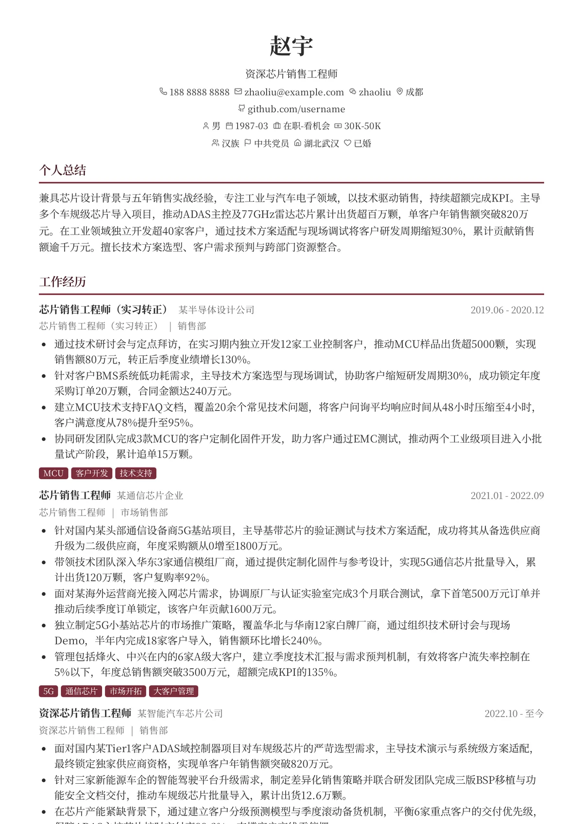 2026年最新资深芯片销售工程师简历模板