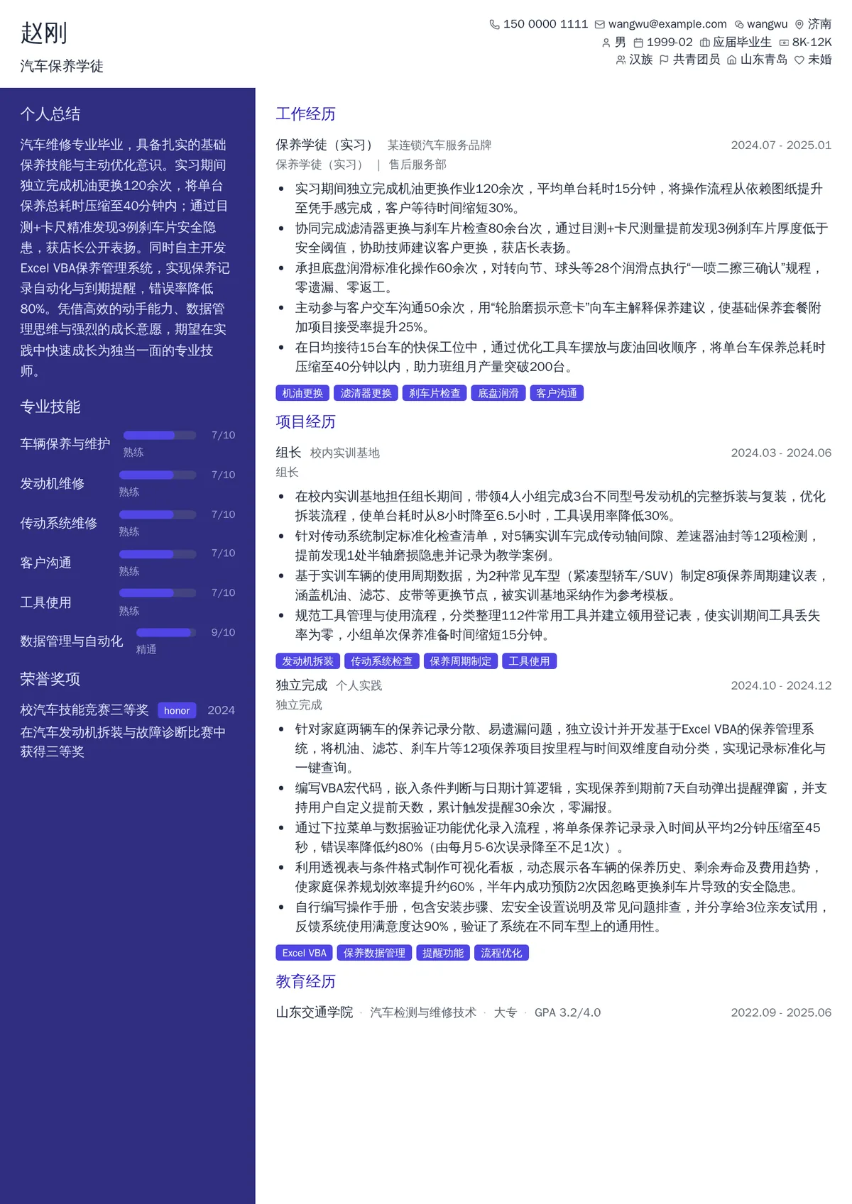 2026年最新汽车保养学徒简历模板