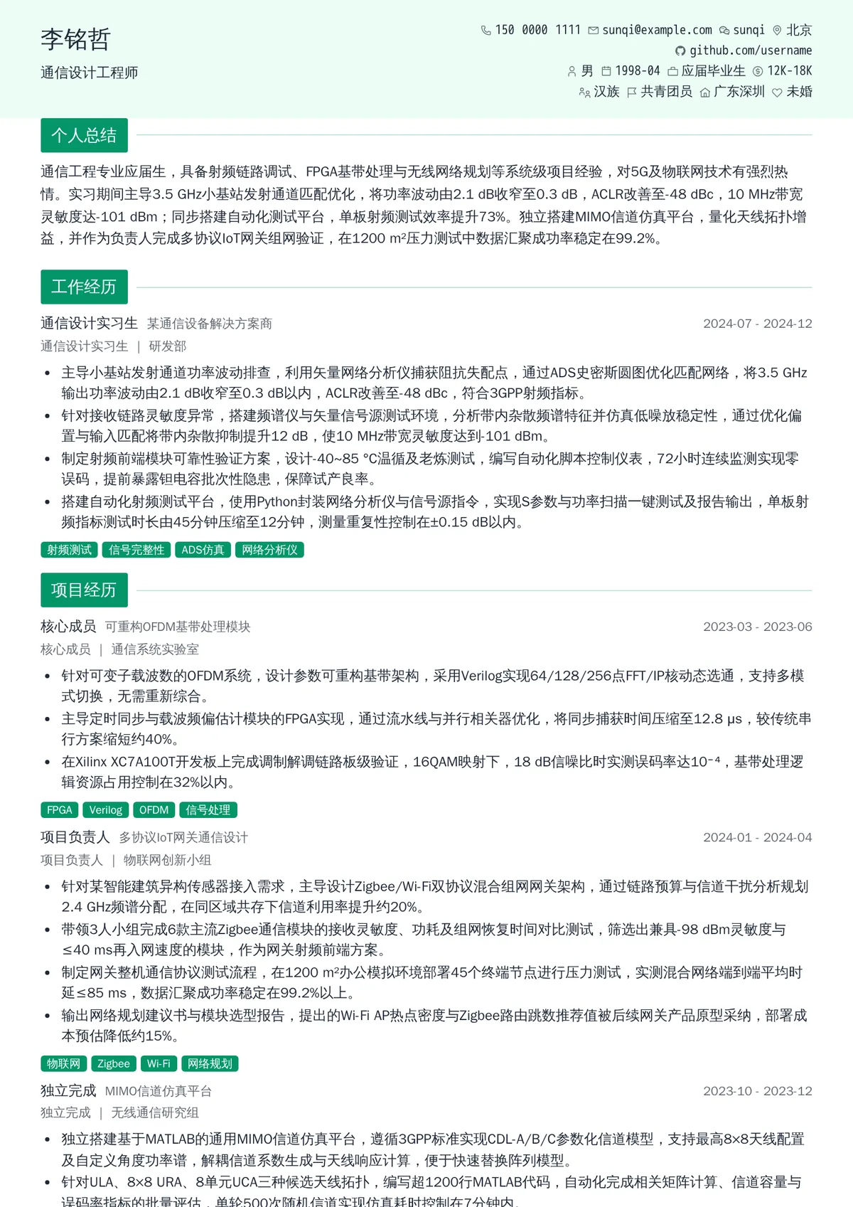 2026年最新实习通信设计工程师简历模板