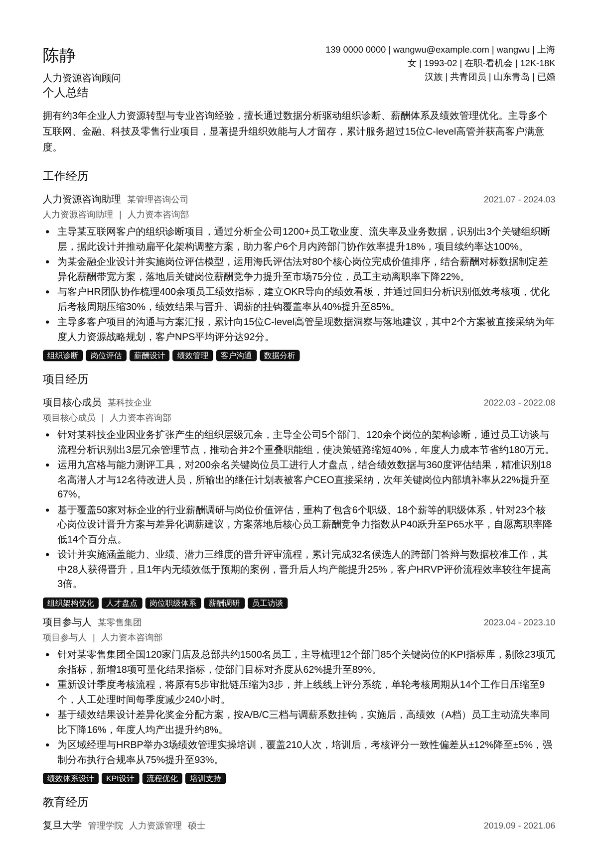 2026年最新人力资源咨询顾问简历模板