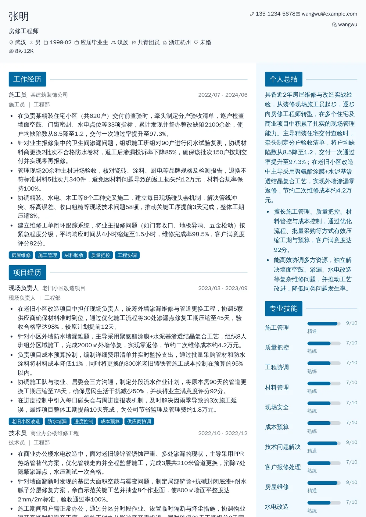 2026年最新初级房修工程师简历模板