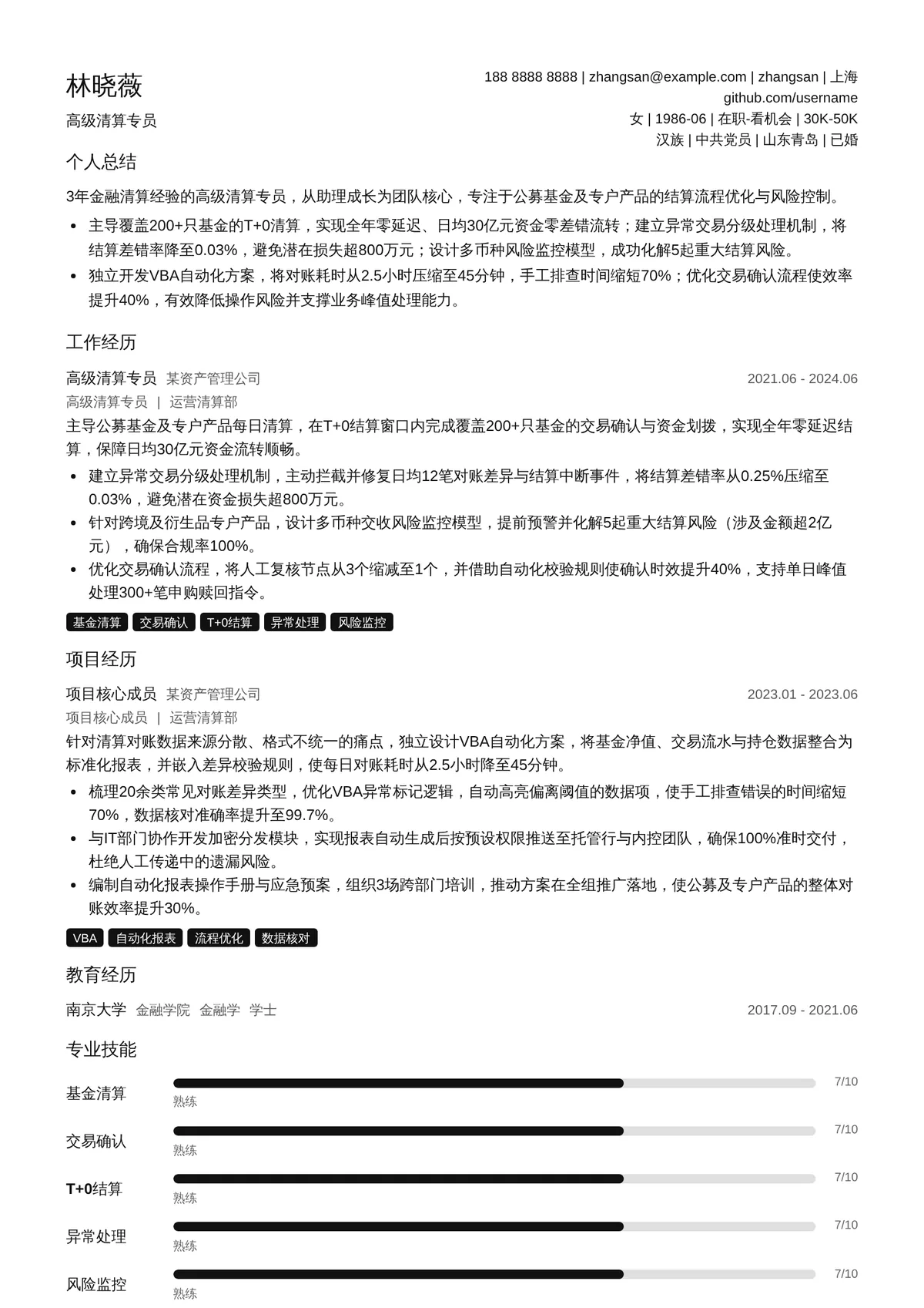2026年最新高级清算专员简历模板