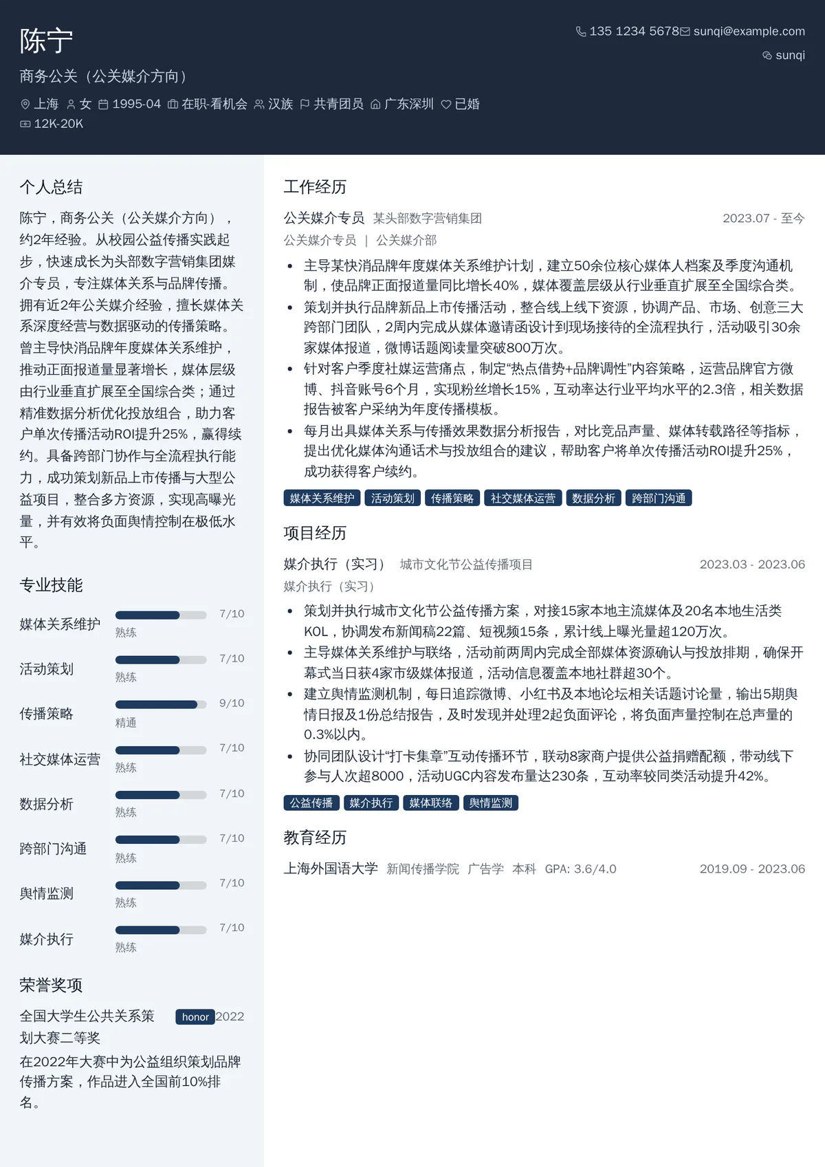 2026年最新商务公关（公关媒介方向）简历模板