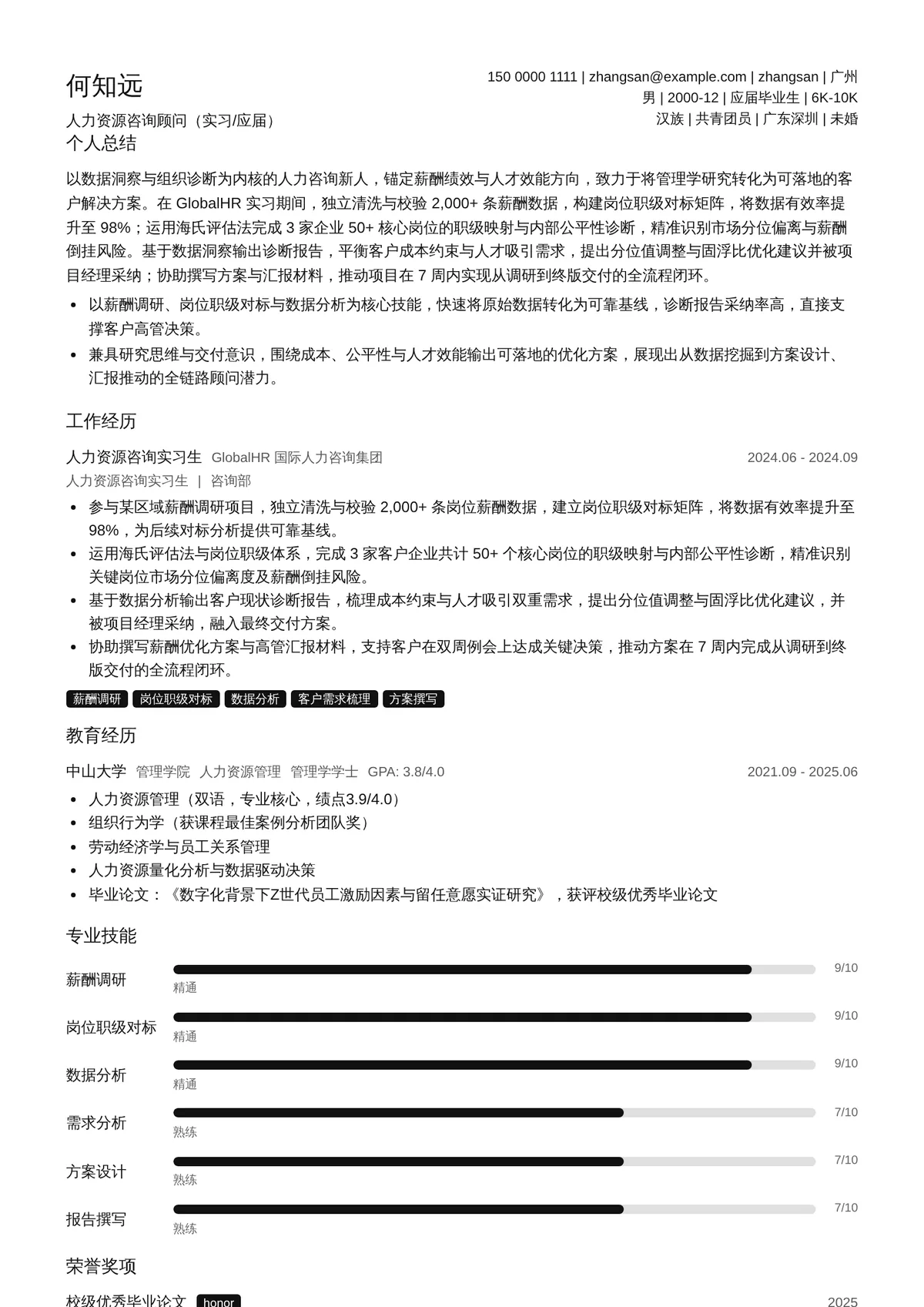 2026年最新人力资源咨询顾问（实习/应届）简历模板