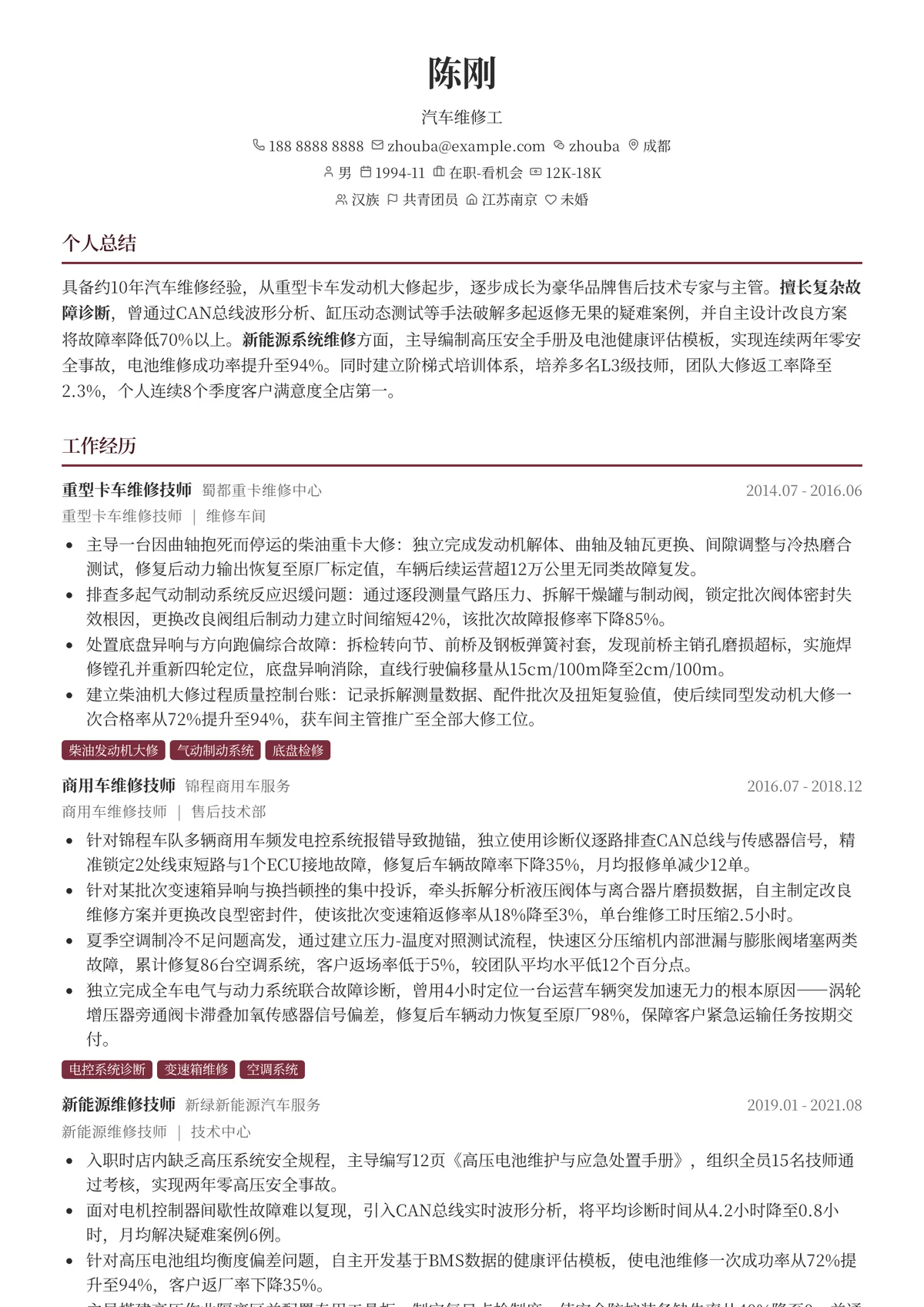 2026年最新汽车维修工简历模板