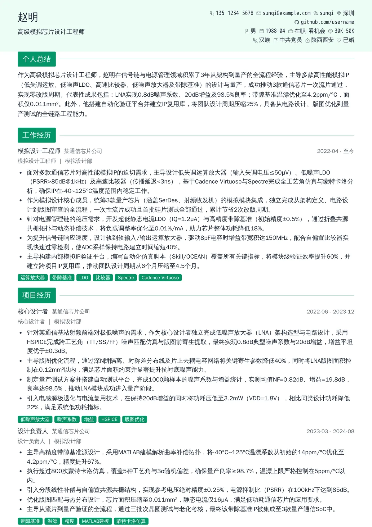 2026年最新高级模拟芯片设计工程师简历模板