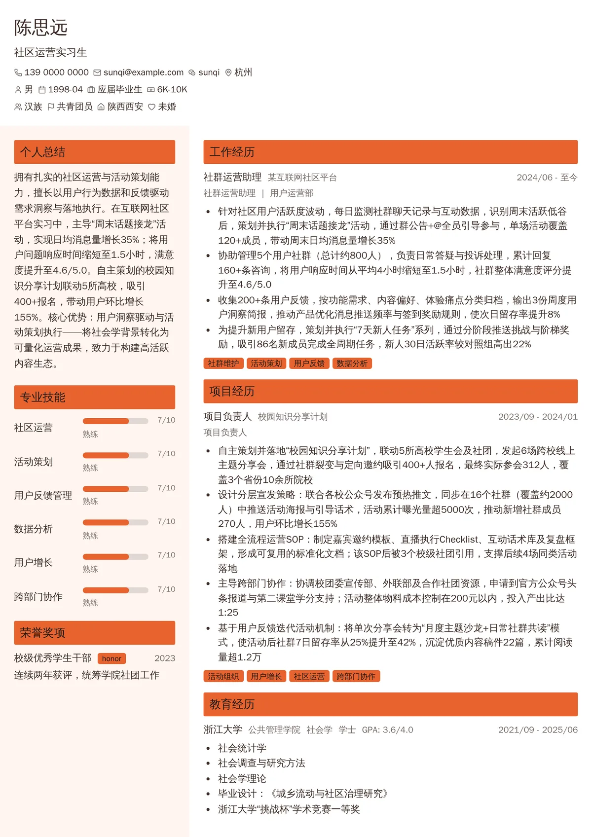 2026年最新社区运营实习生简历模板