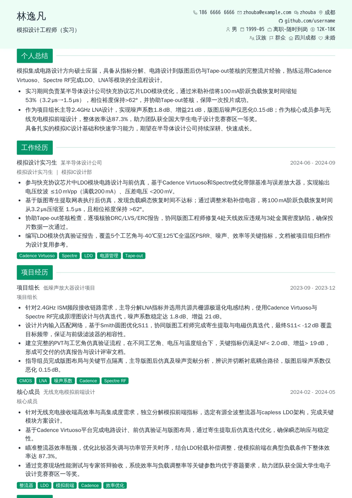 2026年最新模拟设计工程师（实习）简历模板