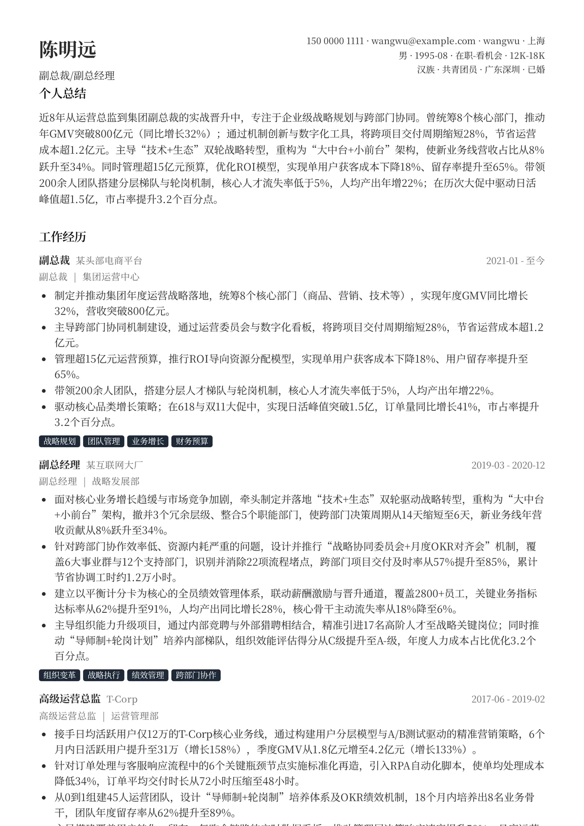 2026年最新副总裁/副总经理简历模板