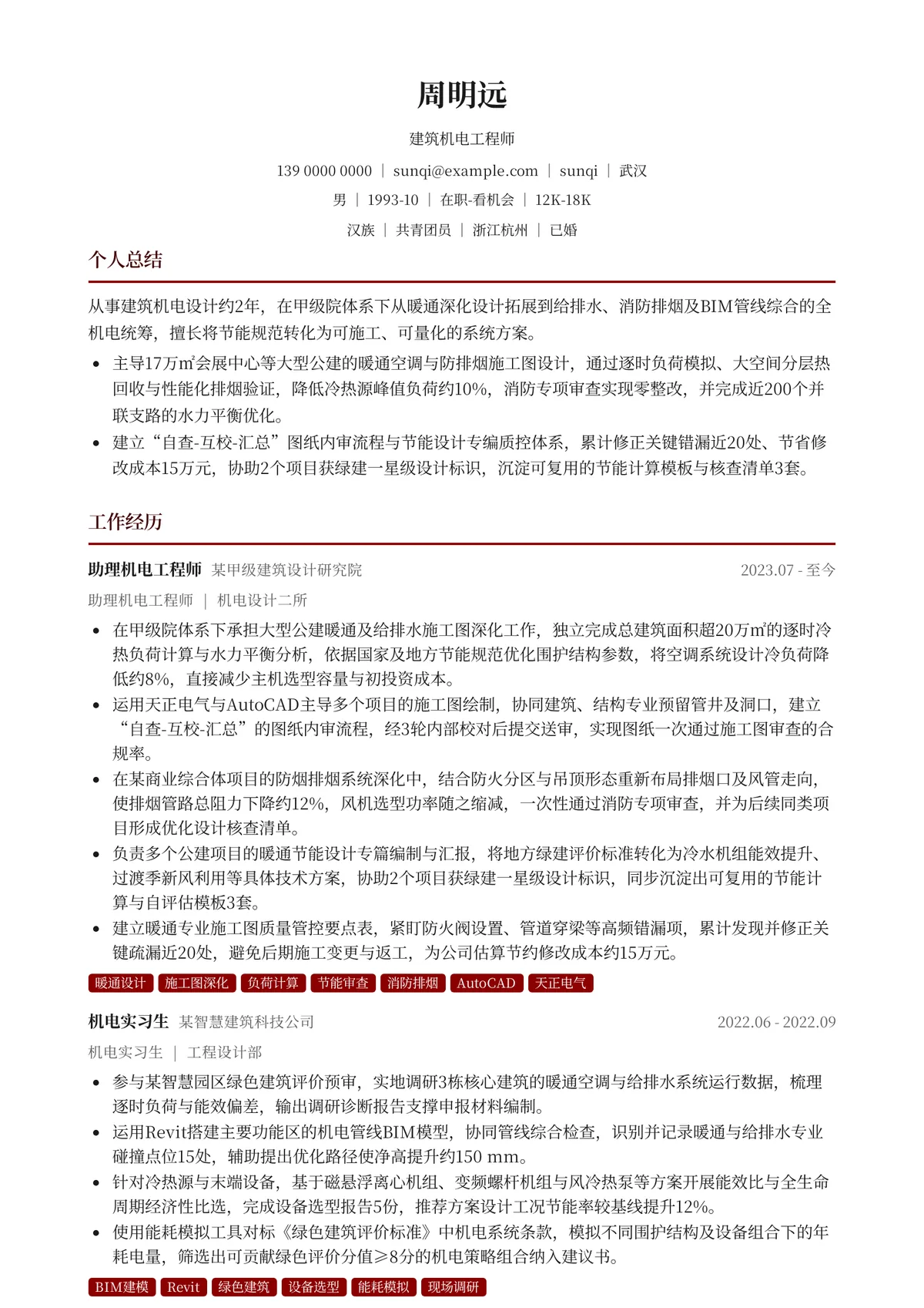 2026年最新建筑机电工程师简历模板