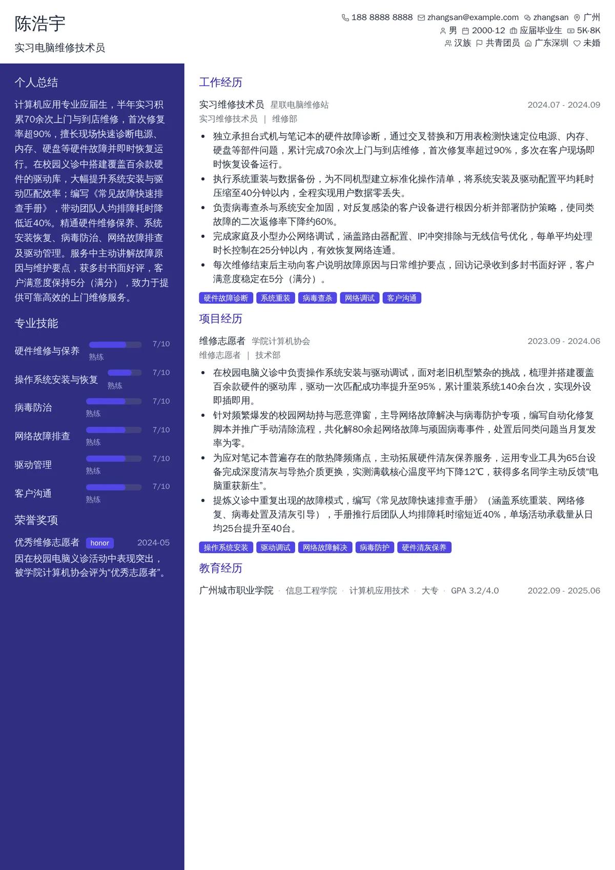 2026年最新实习电脑维修技术员简历模板