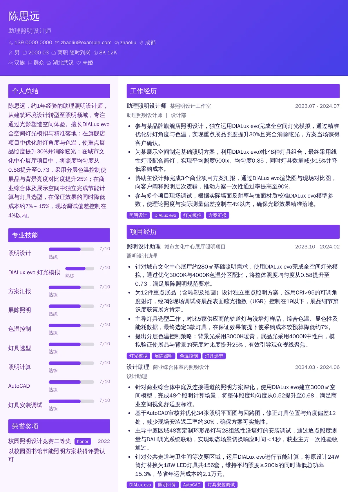 2026年最新助理照明设计师简历模板