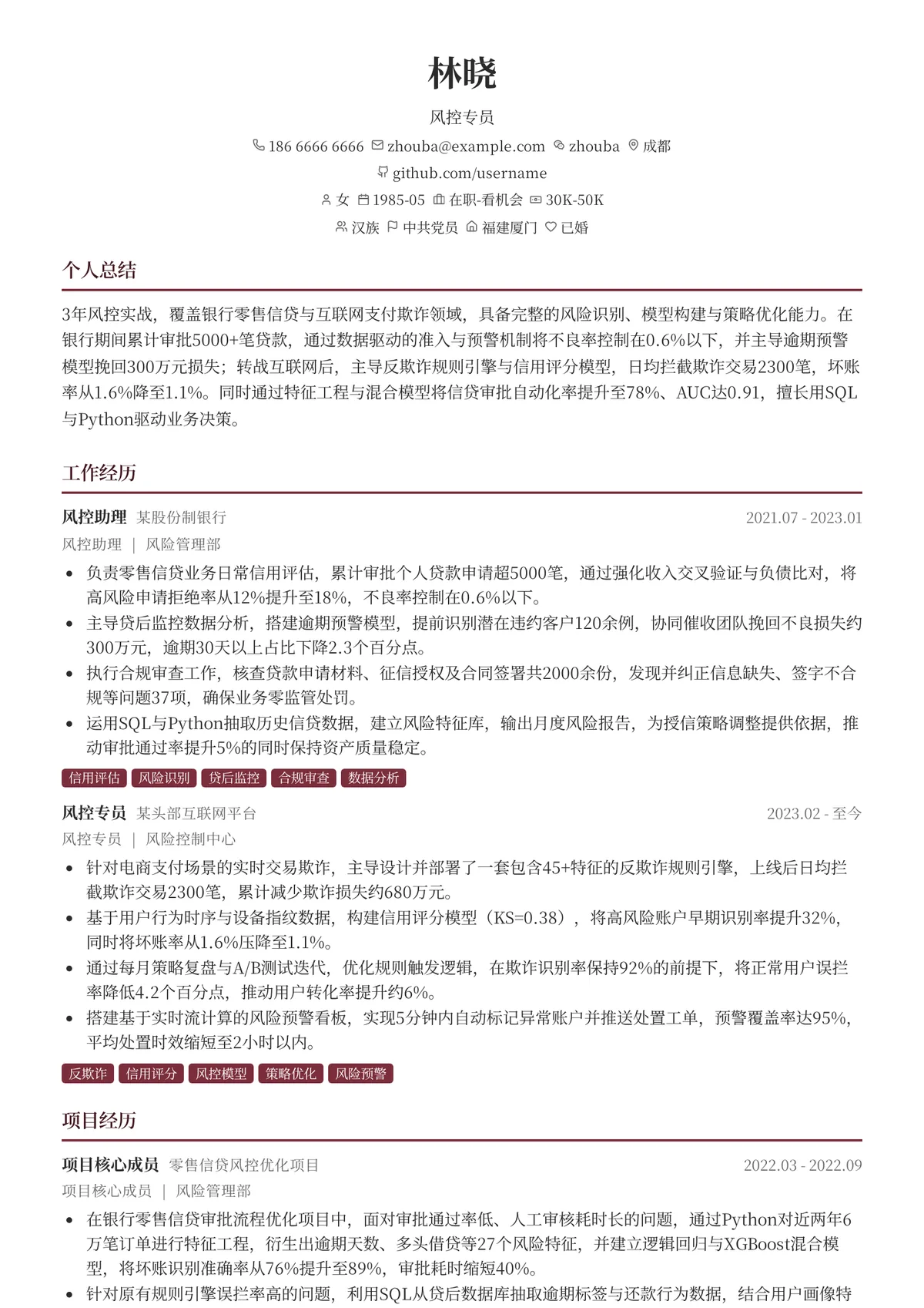 2026年最新资深风控专员简历模板