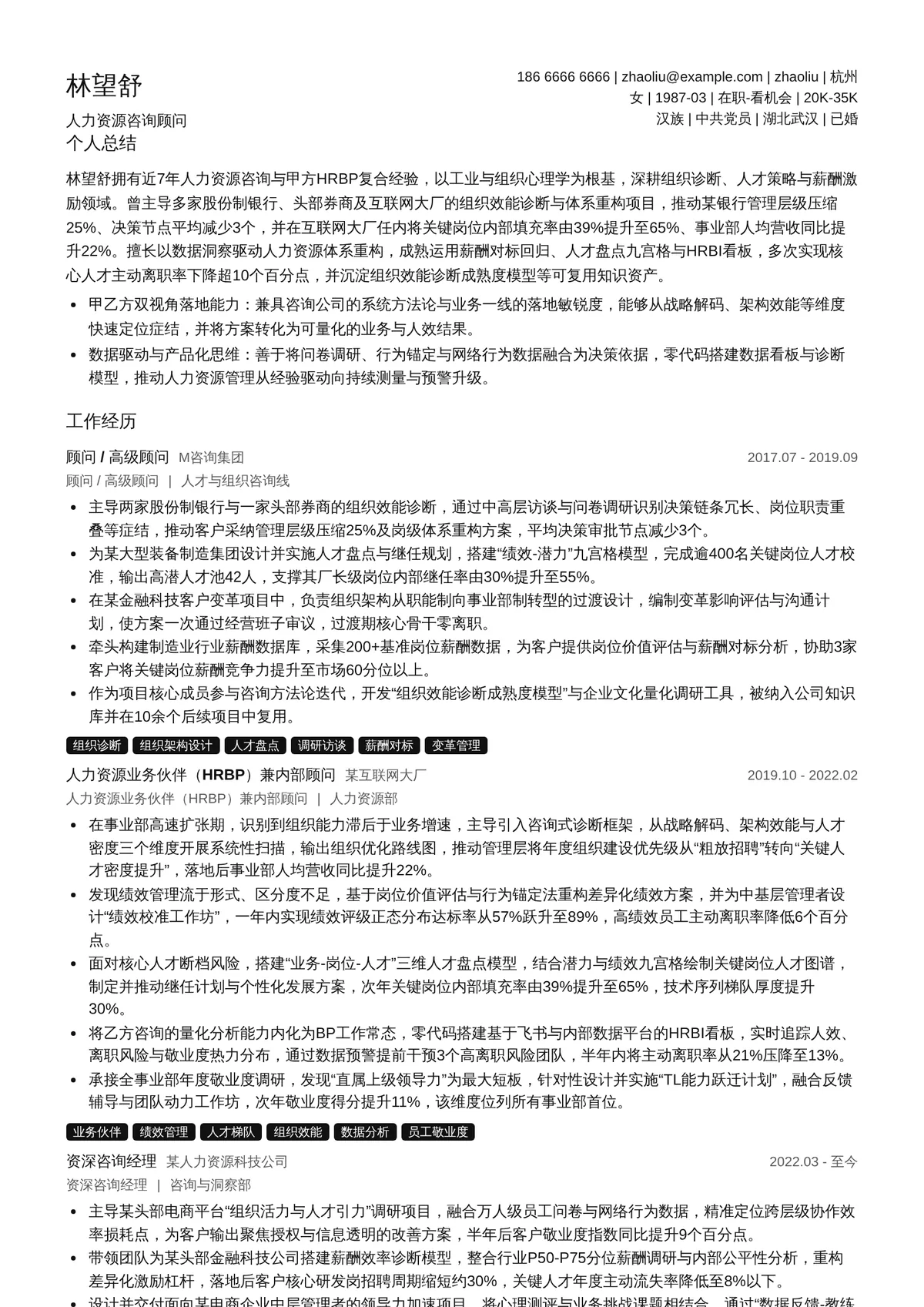 2026年最新资深人力资源咨询顾问简历模板