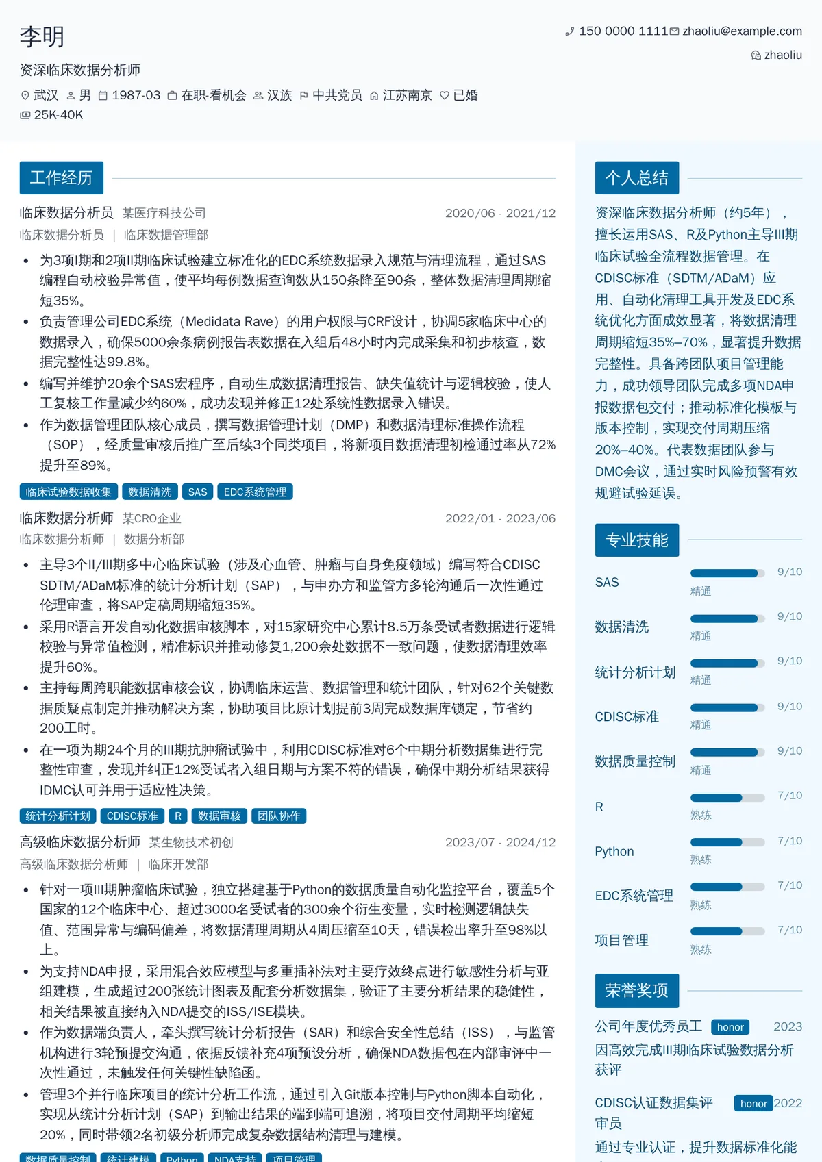 2026年最新资深临床数据分析师简历模板