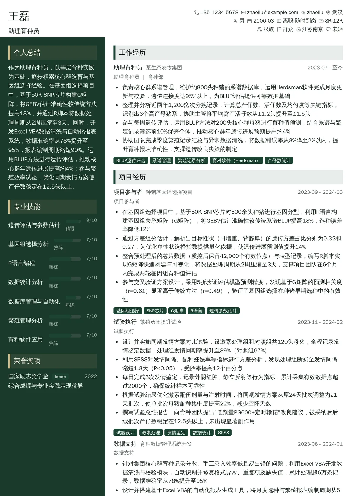 2026年最新助理育种员简历模板