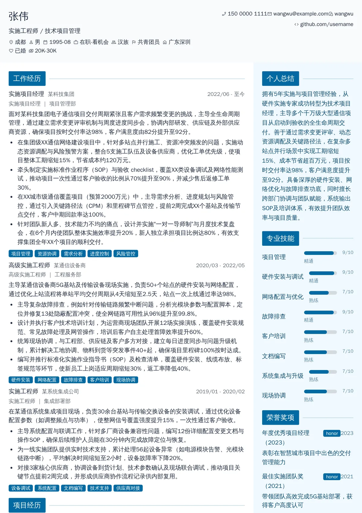 2026年最新中级实施工程师/技术项目管理简历模板