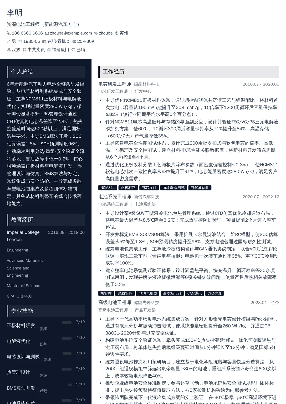 2026年最新资深电池工程师（新能源汽车方向）简历模板