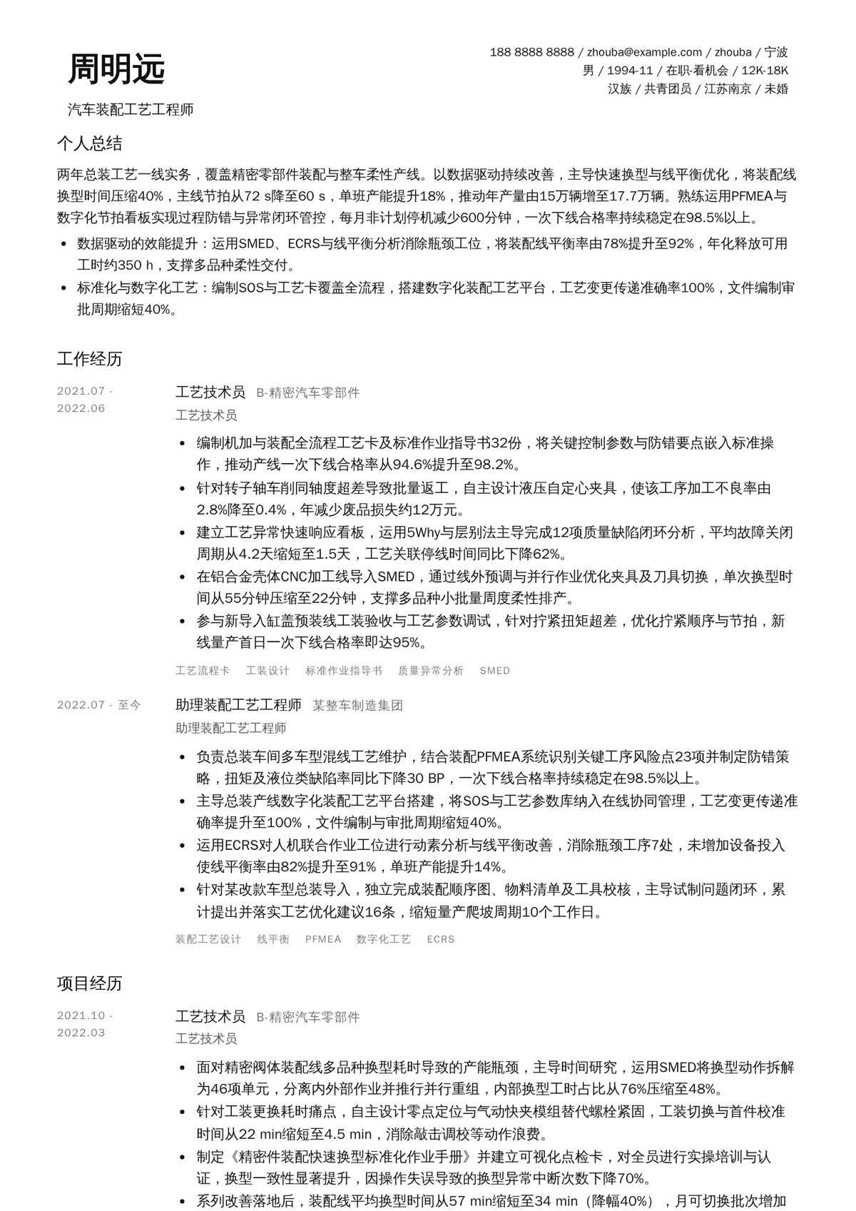 2026年最新汽车装配工艺工程师简历模板