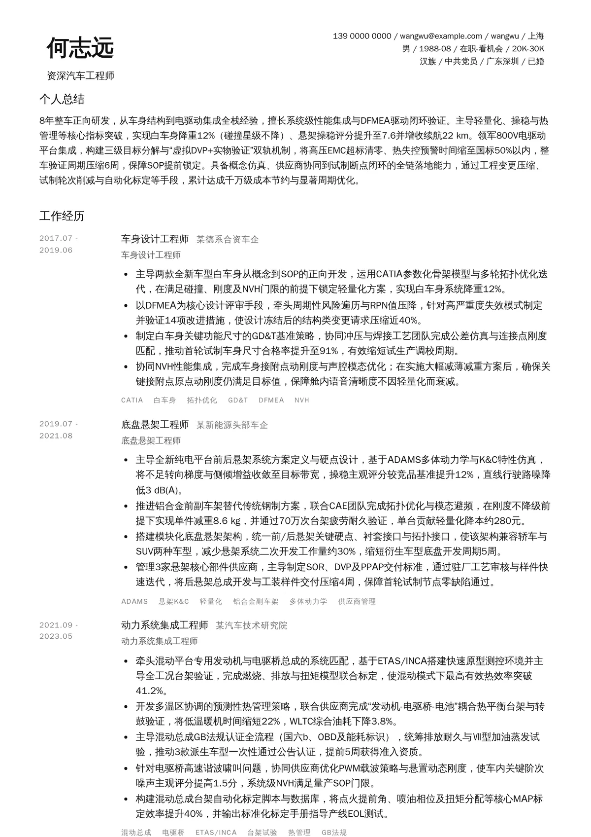 2026年最新资深汽车工程师简历模板