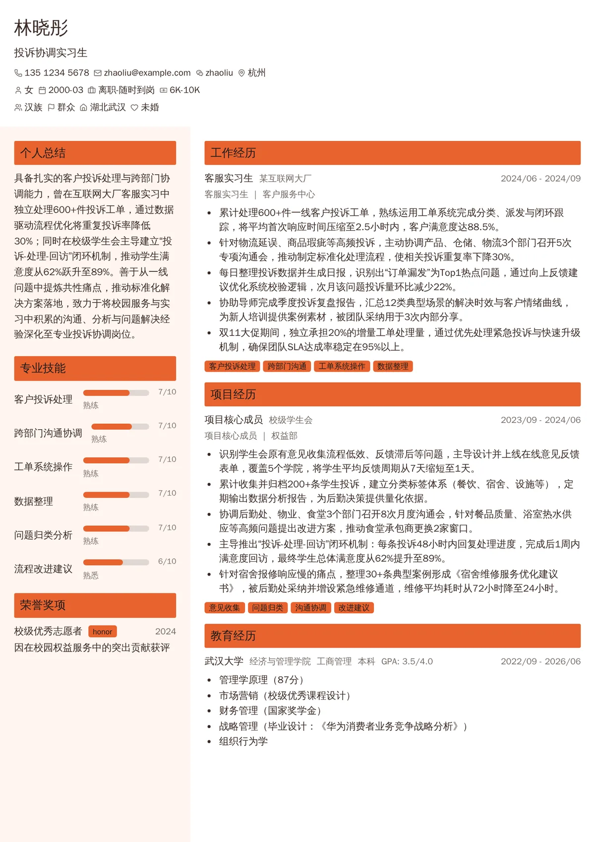 2026年最新投诉协调实习生简历模板