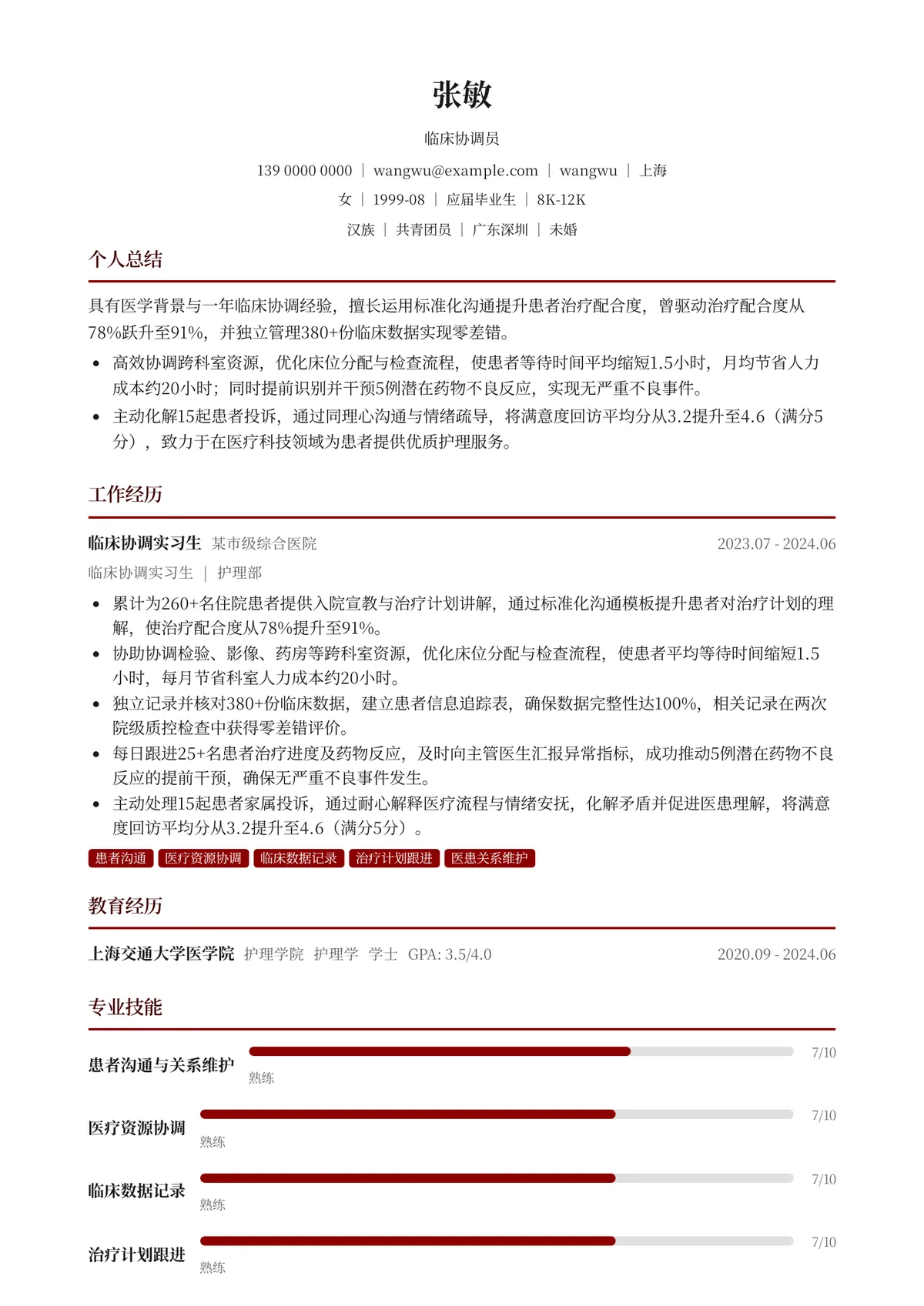 2026年最新初级临床协调员简历模板