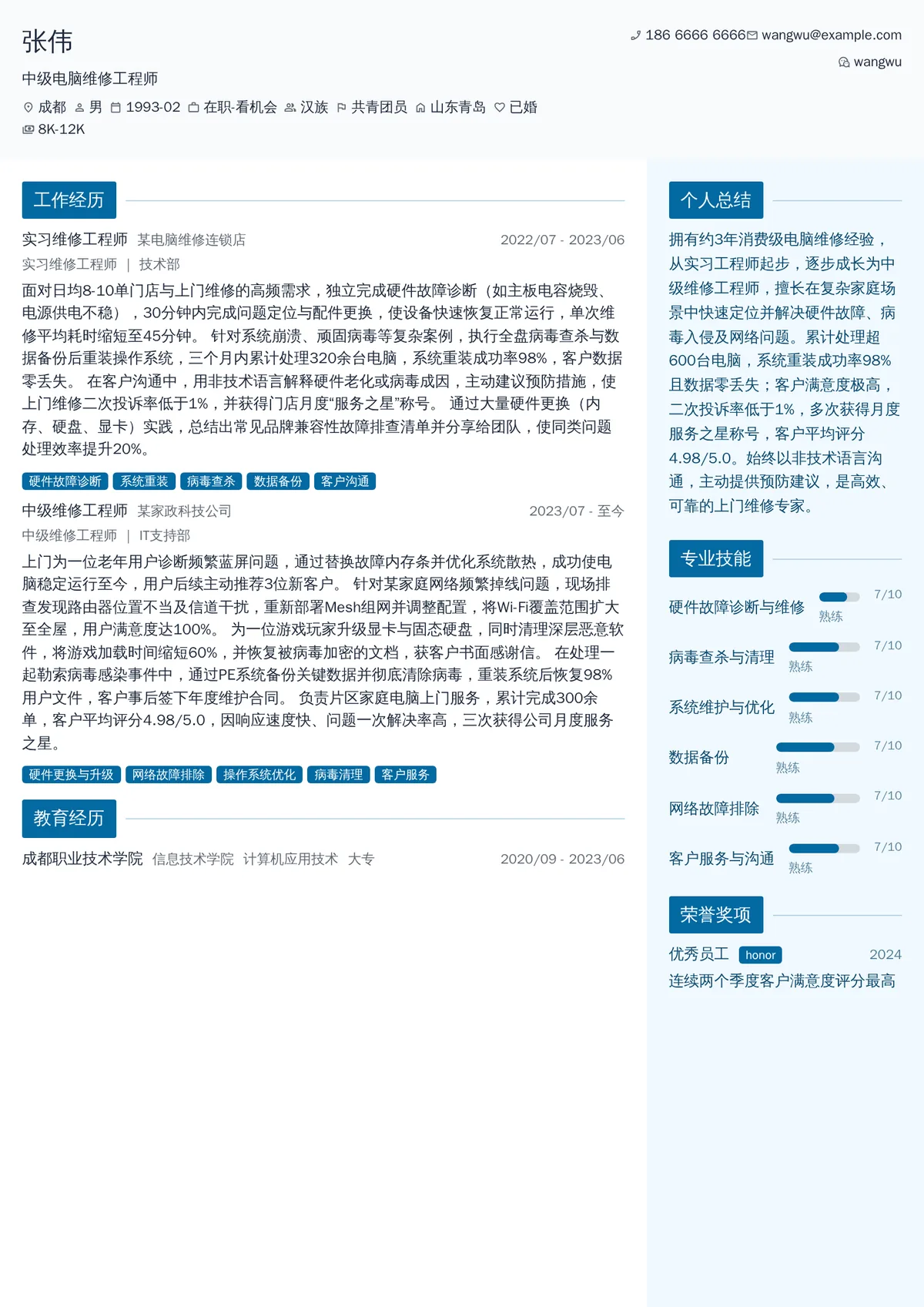 2026年最新中级电脑维修工程师简历模板