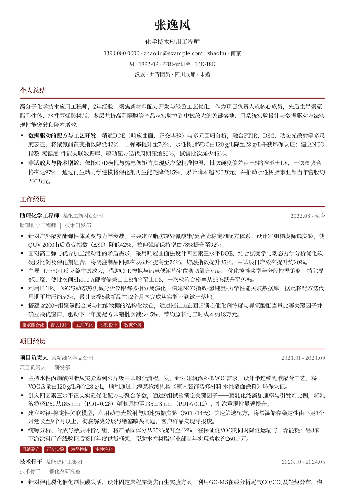 2026年最新化学技术应用工程师简历模板