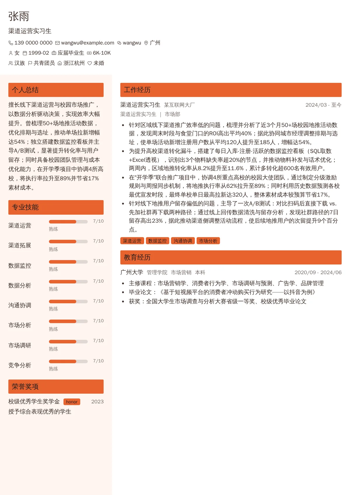2026年最新渠道运营实习生简历模板