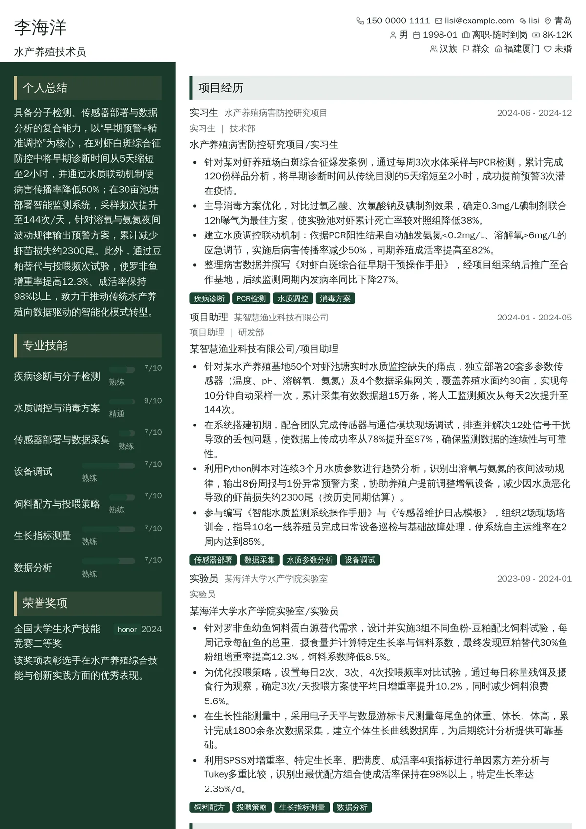 2026年最新实习水产养殖技术员简历模板