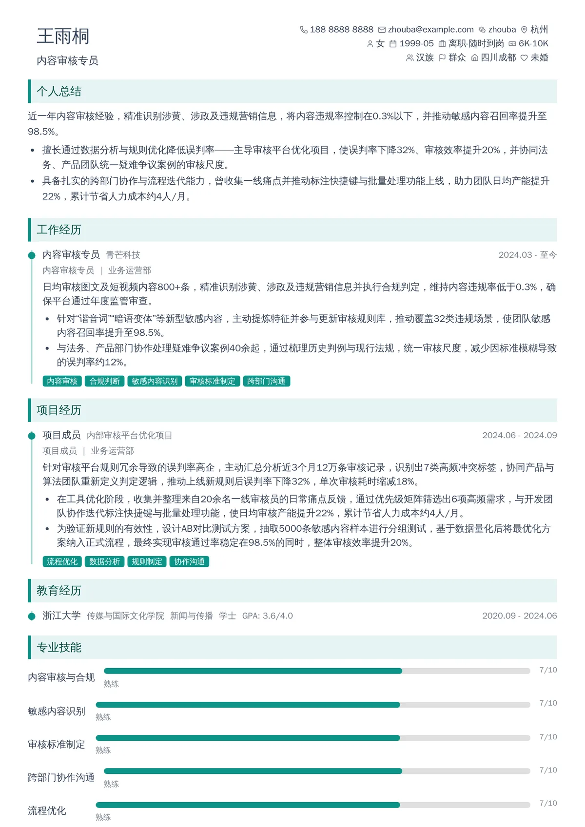 2026年最新初级内容审核专员简历模板