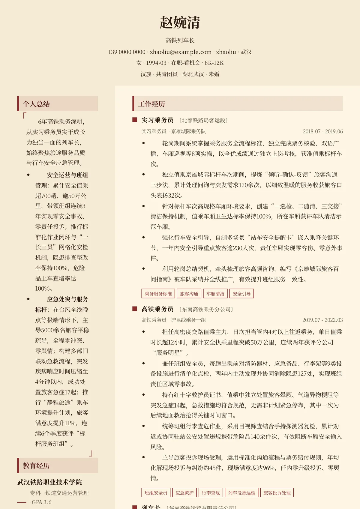 2026年最新高铁列车长简历模板