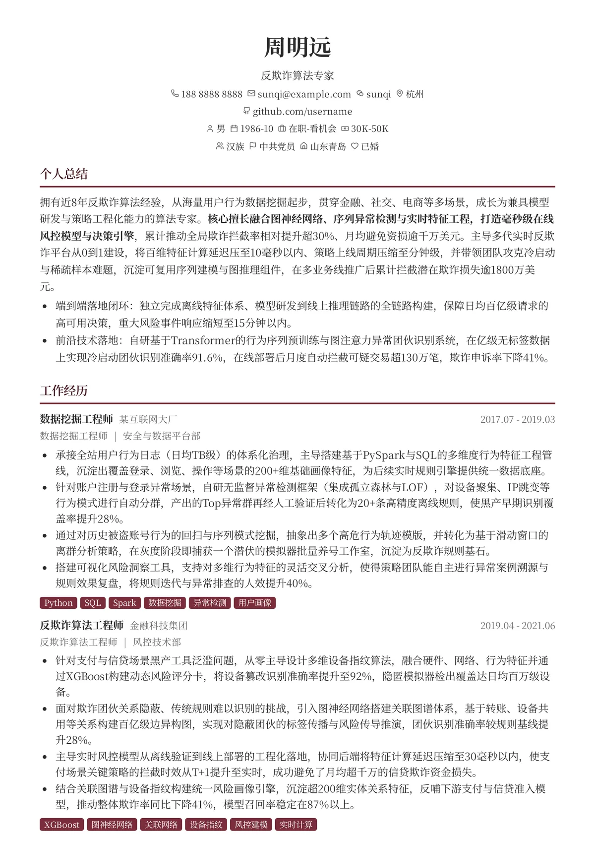 2026年最新反欺诈算法专家简历模板