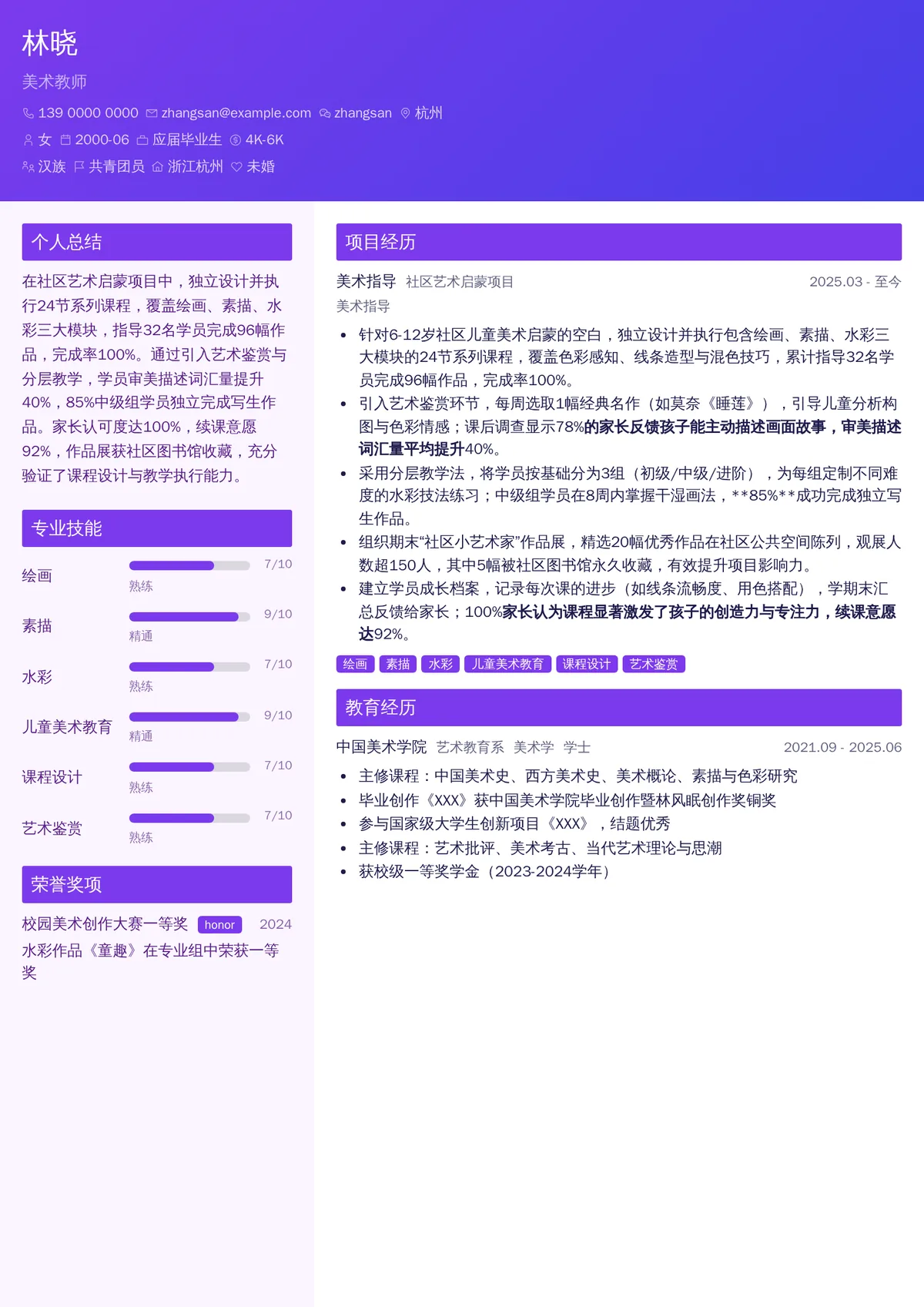 2026年最新实习美术教师简历模板