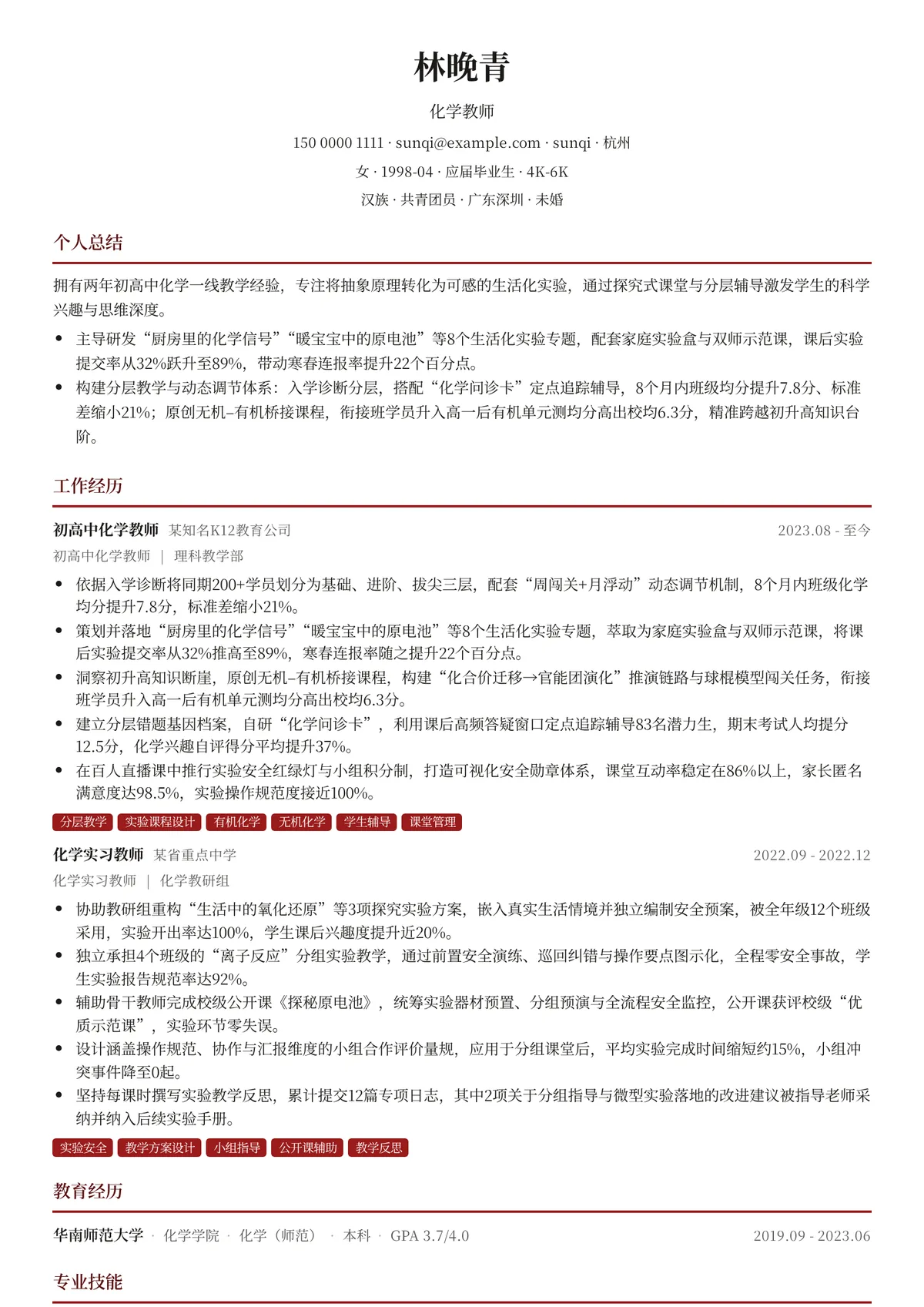 2026年最新初级化学教师简历模板