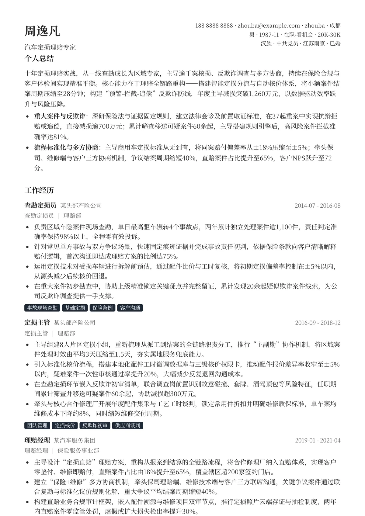 2026年最新汽车定损理赔专家简历模板